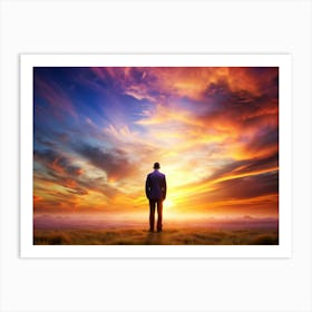 Silhouette Of A Man Standing In Front Of A Dramatic Sunset Art Print