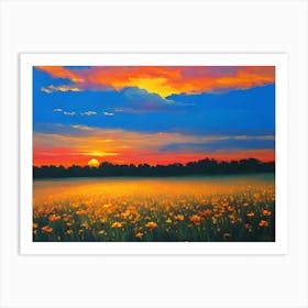 Sunset Over A Field Of Yellow Flowers Art Print