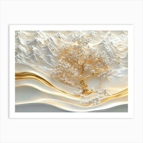 3d Relief White and Gold Wave, 3d Gold Tree Landscape Art Print