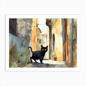 Black Cat In Catania, Italy, Street Art Watercolour Painting 3 Art Print