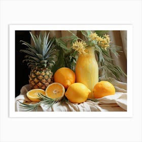 Still life with fruits, lemon, pineapple, and flowers. Tropical fruit. Art Print