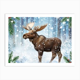 Scandinavian Art Illustration Depicting Baby Moose In Snowy Clearing Antlers Festooned With Twinkli Art Print