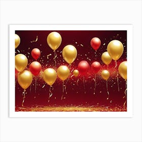 Red And Gold Balloons Float Against A Sparkly Red Background With Falling Confetti Art Print