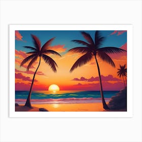 A Tranquil Beach At Sunset Horizontal Illustration 46 Art Print