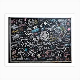 Blackboard Art Showcasing The Creative Chaos Of Chalk White Strokes Swirling With Abstract Circles A 2 1 Art Print