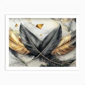 Golden And Black 3d With Feathers And Triangles On A Marble Background Art Print