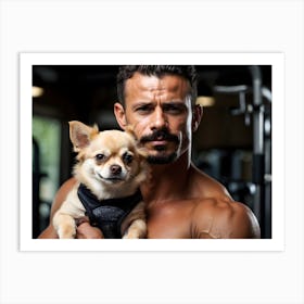 Bodybuilder holding cute Chihuahua dog 4 Art Print