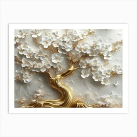 3d Art Golden Tree With White Flowers 4 Art Print