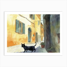 Black Cat In Pisa, Italy, Street Art Watercolour Painting 4 Art Print