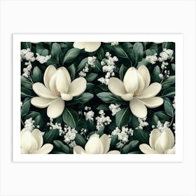 Magnolia Flowers Seamless Pattern, Luxury Art, Floral Background 1 Art Print