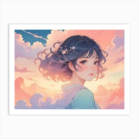 A Young Woman With Dark Hair And A Sweet Expression Against A Background Of Pink And Blue Clouds, Creating A Dreamy And Romantic Scene Art Print