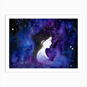 Watercolor Of A Woman Merges With The Cosmos Backdrop Of A Vast Nightfall Sky Stars And Galaxies A Art Print