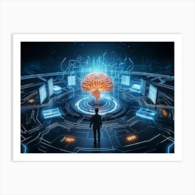 Abstract Cyber Concept Art Featuring A Human Brain At The Center Of Innovation Connected With Futur (4) Art Print