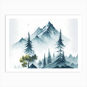 Mountain And Forest In Minimalist Watercolor Horizontal Composition 12 Art Print