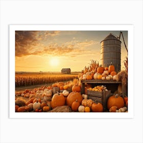 A Vintage Style Autumn Harvest Composition Showcasing Piles Of Pumpkins And Corn Cobs Scattered In (6) Art Print