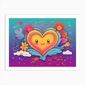 Heart With Flowers And Clouds Art Print