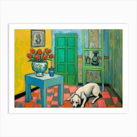 Dog in Green Yellow Room. Retro Oil Henry Matisse Style Interior Painting Art Print