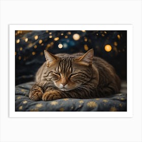 Sleeping Brown Tabby Cat Starry Night Art Print (1) Art Print