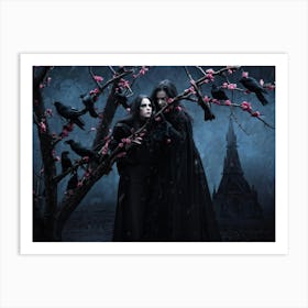 A Gothic Styled Digital Painting Setting A Dark Atmospheric Scene Black Crows Nestled On Intertwi Art Print