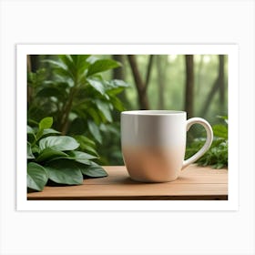 A White Coffee Mug Sits On A Wooden Table Surrounded By Lush Green Plants, With A Blurred Background Of A Forest Art Print