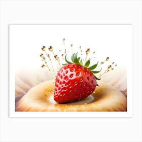 A Red Strawberry Falling Into Milk, Creating A Crown Of Gold Colored Splashes Art Print