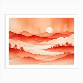 Watercolor Painting Of A Red Sunset Over A Landscape With Mountains And A Lake Art Print