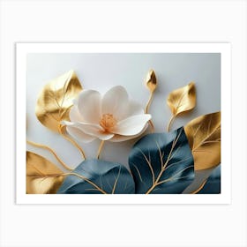 A White Sheet Of Paper Shows Flowers With Pink Petals, Golden Buds and Green Leaves Art Print