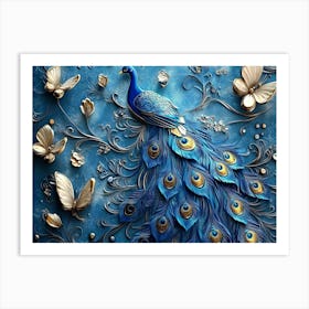 3d Artwork Background Blue Peacock Art With Butterfly Art Print