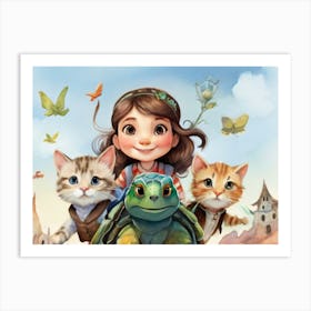 Girl And Her Kittens Art Print