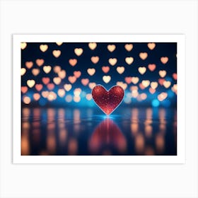 A Glowing Red Heart Sits On A Reflective Surface With A Background Of Scattered, Colored Hearts And Bokeh Lights, Symbolizing Love, Romance, And A Romantic Atmosphere Art Print