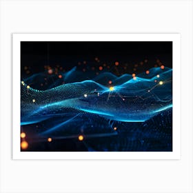 Abstract Digital Painting Portraying A Geometric Pattern Of Glowing Net Like Waves Traversing A Dot (3) Art Print