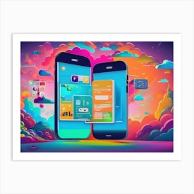 Two Mobile Phones In The Sky Future Of Mobile Applications Development In Colorful Dreaming Life Art Print