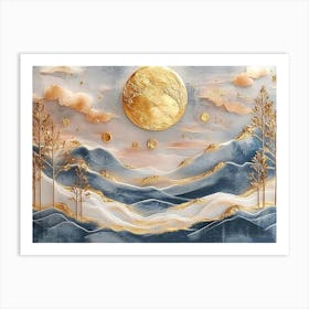 3d Modern Landscape Moon, Golden Christmas Trees with Colorful Mountains Art Print