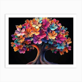 3d Tree Of Life Abstract Colorful Flower Art On Black Art Print