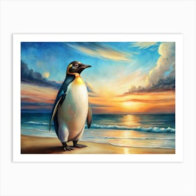 Emperor Penguin On A Beach At Sunset With Golden Sky Art Print