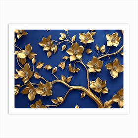 Elegant Gold and Royal Blue Floral Tree with Seamless Leaves and Flowers Hanging Branches 1 Art Print