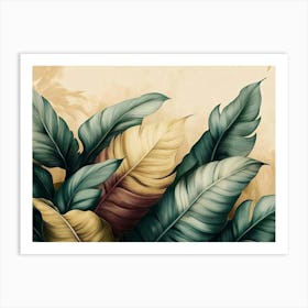 Vintage Tropical Green Brown Leaves, Beige Background, Golden Texture 5 Art Print