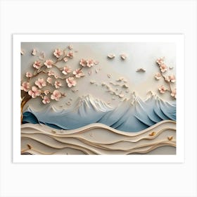 Modern Sakura Tree and Mountain 3d 1 Art Print