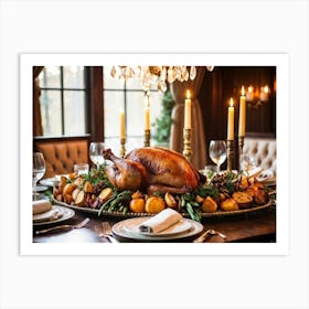 A Sumptuous Thanksgiving Banquet Showcasing A Centerpiece Of Succulent Fresh Roasted Turkey Surrou Art Print