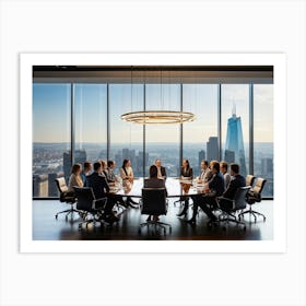 Confident Ceo Seated At The Head Of A Sleek Gleaming Mahogany Conference Table Leading An Energize (4) Art Print