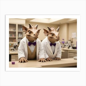 Two Dinosaurs Wearing Lab Coats And Bow Ties Stand At A Laboratory Counter Art Print