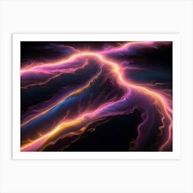 Abstract Image Of A Series Of Swirling Lines In Shades Of Pink, Blue, And Yellow Against A Black Background Art Print