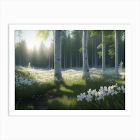 White Birch Standing In The Forest And The Meadow Below Art Print