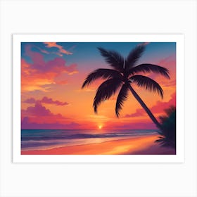 A Tranquil Beach At Sunset Horizontal Illustration 49 Art Print