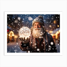 A Snowy Holiday Evening Time Scene Featuring A Man Holding A Luminous Orb That Glimmers With Encapsu Art Print