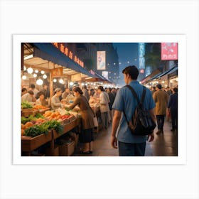 Young Man Walking Through A Night Market Art Print