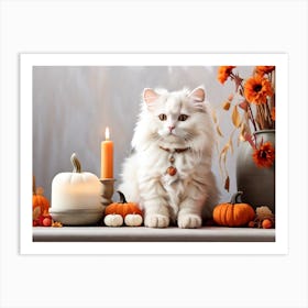 Cat Sitting In Front Of Pumpkins Art Print