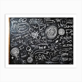 Blackboard Art Showcasing The Creative Chaos Of Chalk White Strokes Swirling With Abstract Circles A Art Print