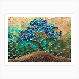 A Vibrant Tree Artwork In 3d With Shimmering Blue and Turquoise Leaves 1 Art Print