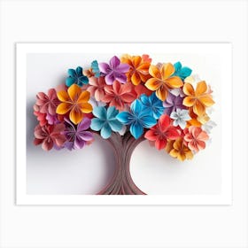 Colorful 3d Origami Paper Tree With Vibrant Flowers On A White Background Art Print